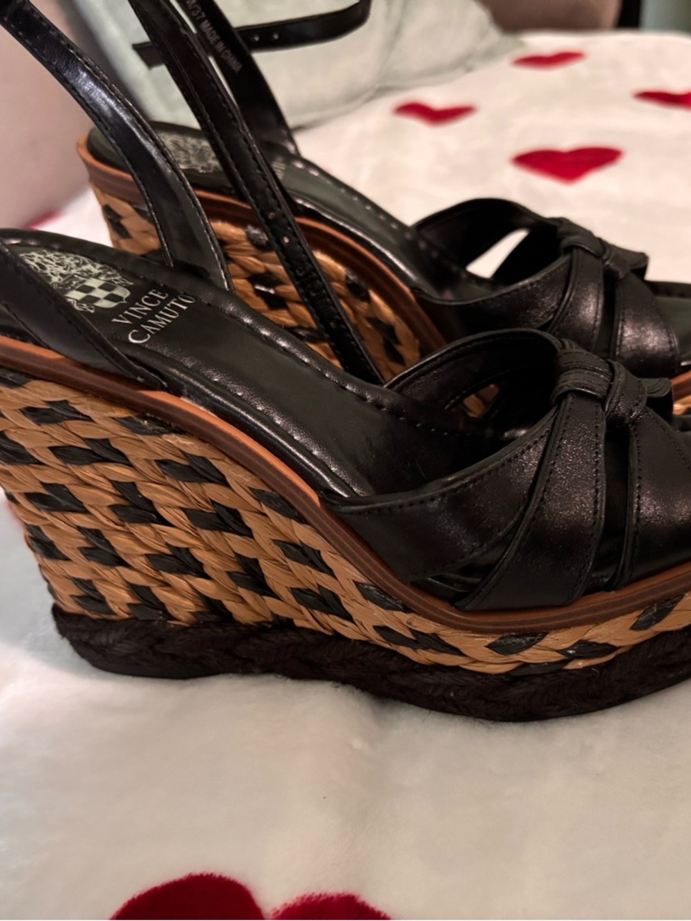 Vince Camuto Black Leather Wedge Sandals with Ankle Wrap - Picture 4 of 13